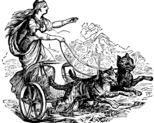 Freya goddess in chariot pulled by cats