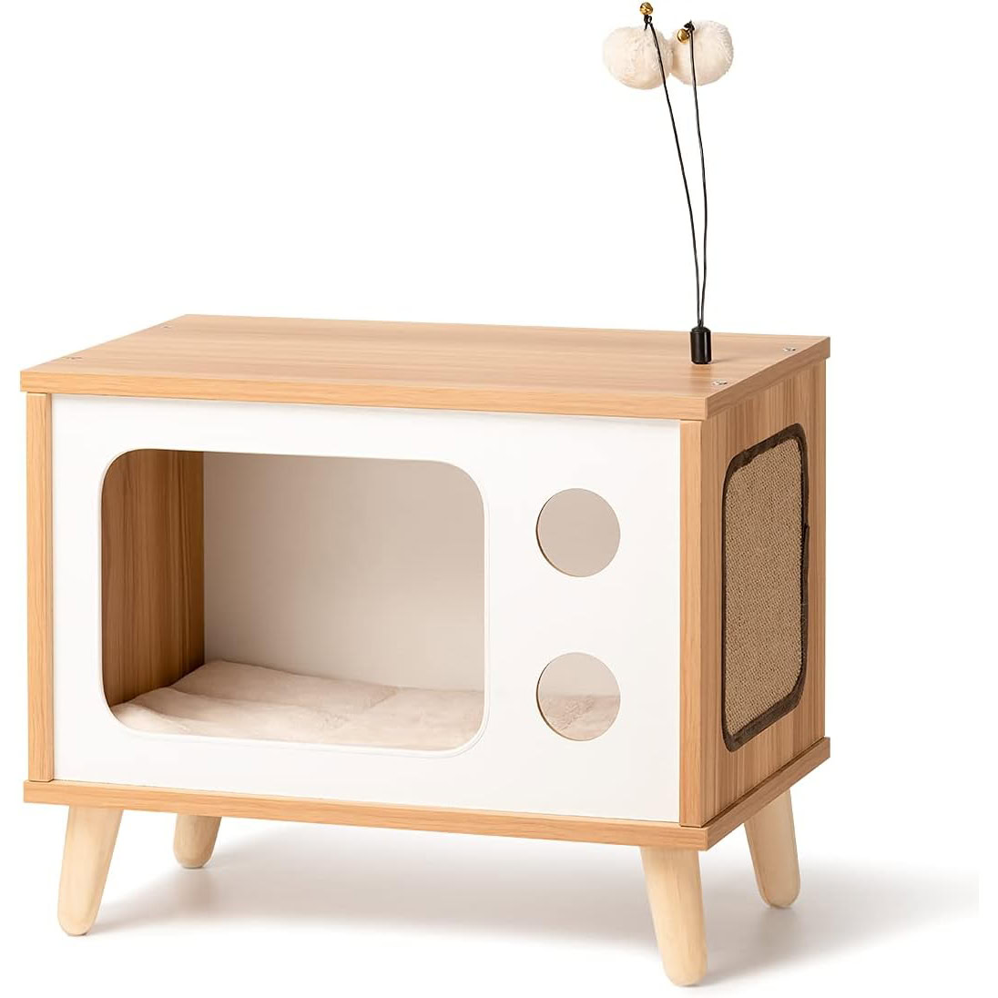Cat House Wooden Cat Condo Cat Bed Indoor TV-shaped Sturdy Large Luxury Cat Shelter Furniture with Cushion Cat Scratcher Bell Ball Toys